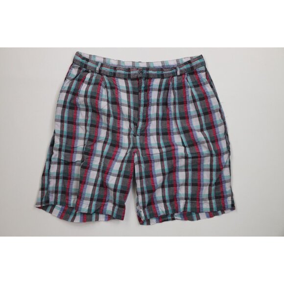 Vintage 90s IOU Mens Size 30 Faded Madras Plaid Seersucker Chino Shorts Cotton - Picture 1 of 14